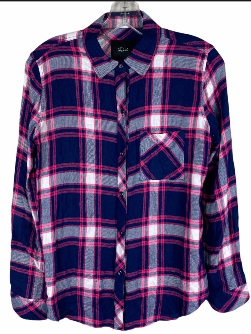 Rails Hunter Plaid Button Down Shirt Navy Pink Gray Soft Rayon Medium